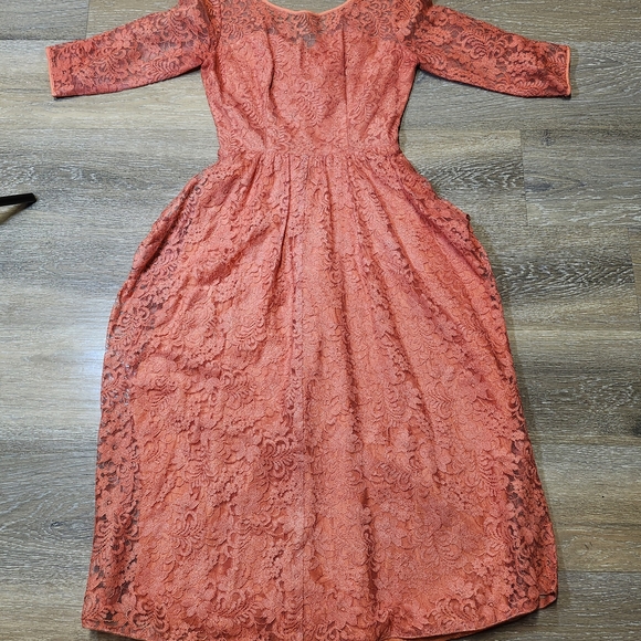 Vintage 70s Coral Lace Long Sleeve Dress Elegant Rare - Picture 8 of 8